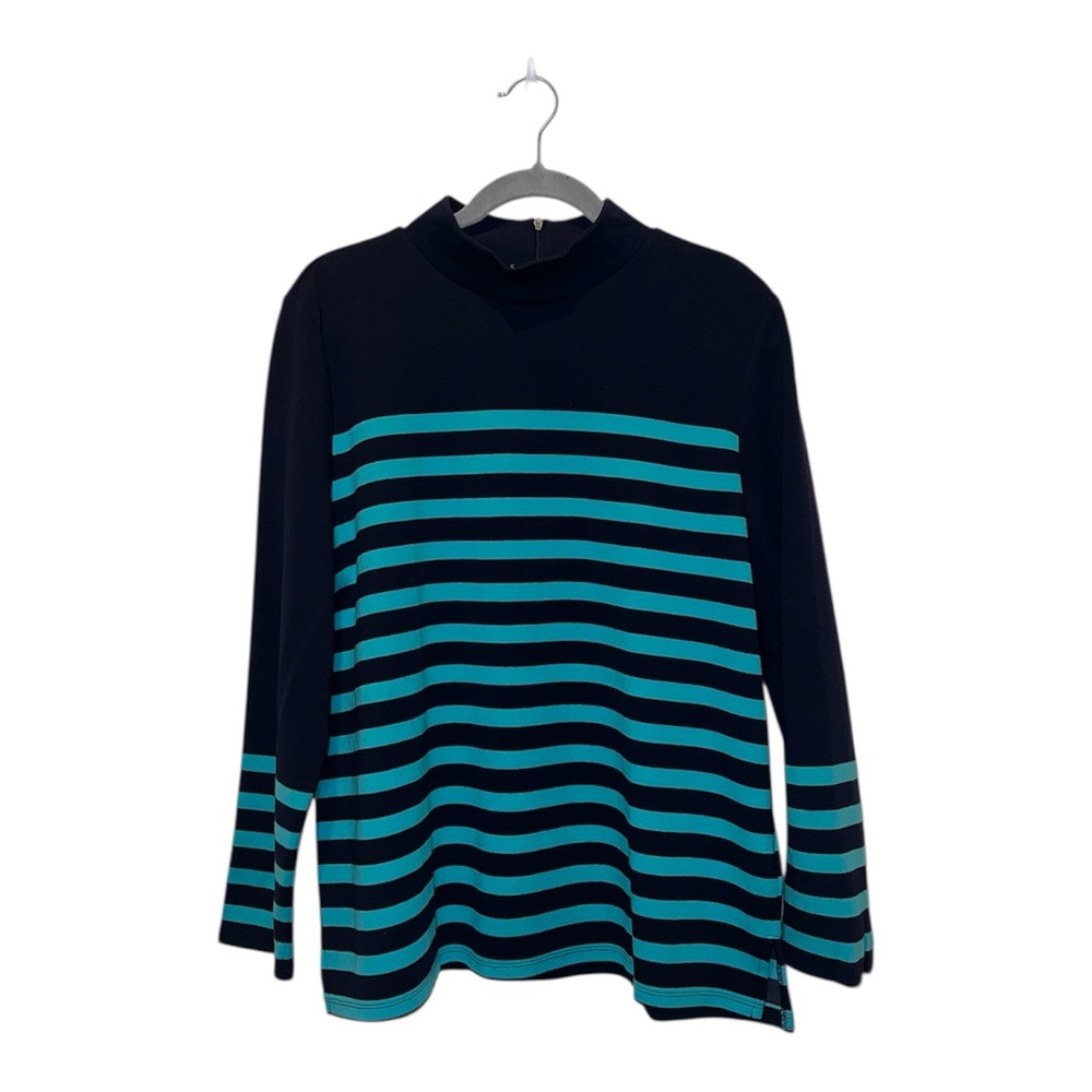 TALBOTS Navy Blue Aqua Striped Tunic Top Sz XLP Cotton Blend Knit Long Sleeve